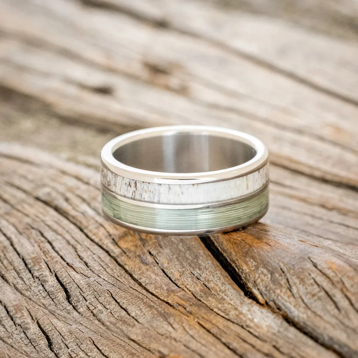 "DYAD" - ANTLER & FISHING LINE WEDDING BAND - TITANIUM - SIZE 8