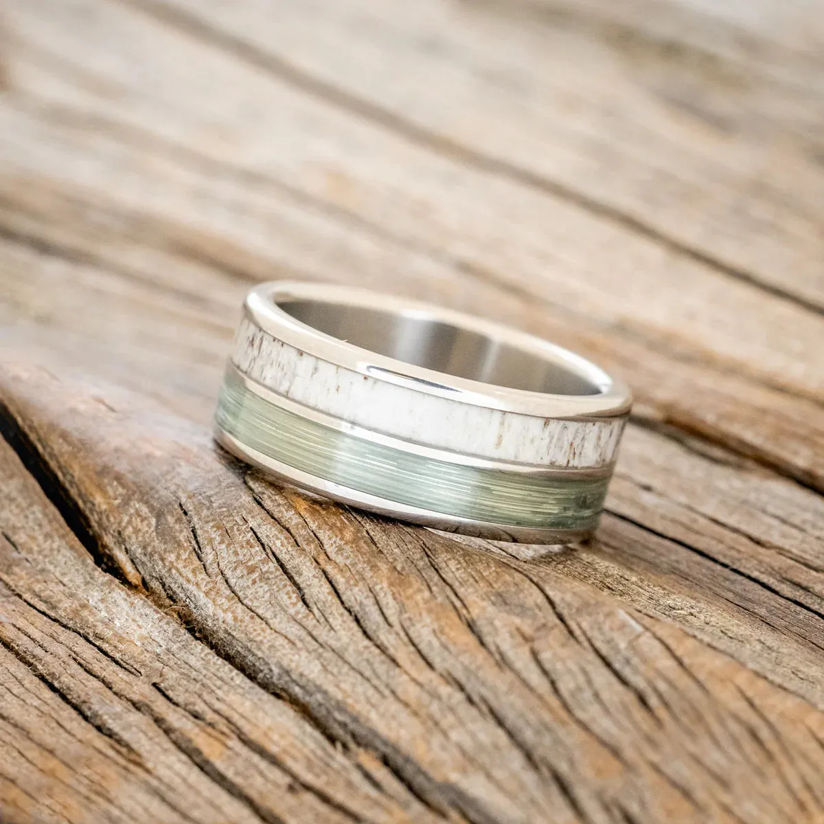 "DYAD" - ANTLER & FISHING LINE WEDDING BAND - TITANIUM - SIZE 8