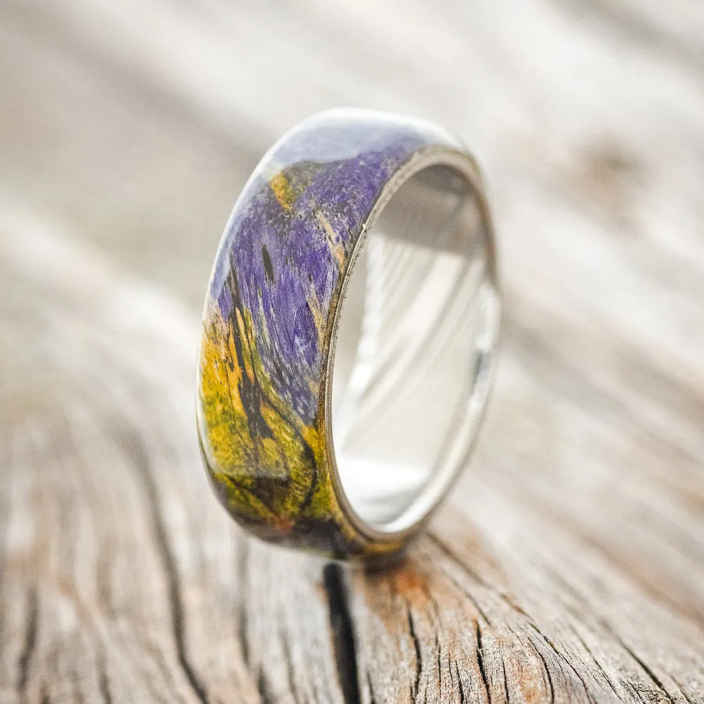 "HAVEN" - JOKER SPALTED MAPLE WEDDING RING - DAMASCUS STEEL - SIZE 10