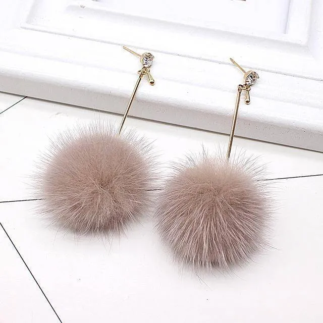 Rabbit Fur Ball PomPom Long Drop Earrings