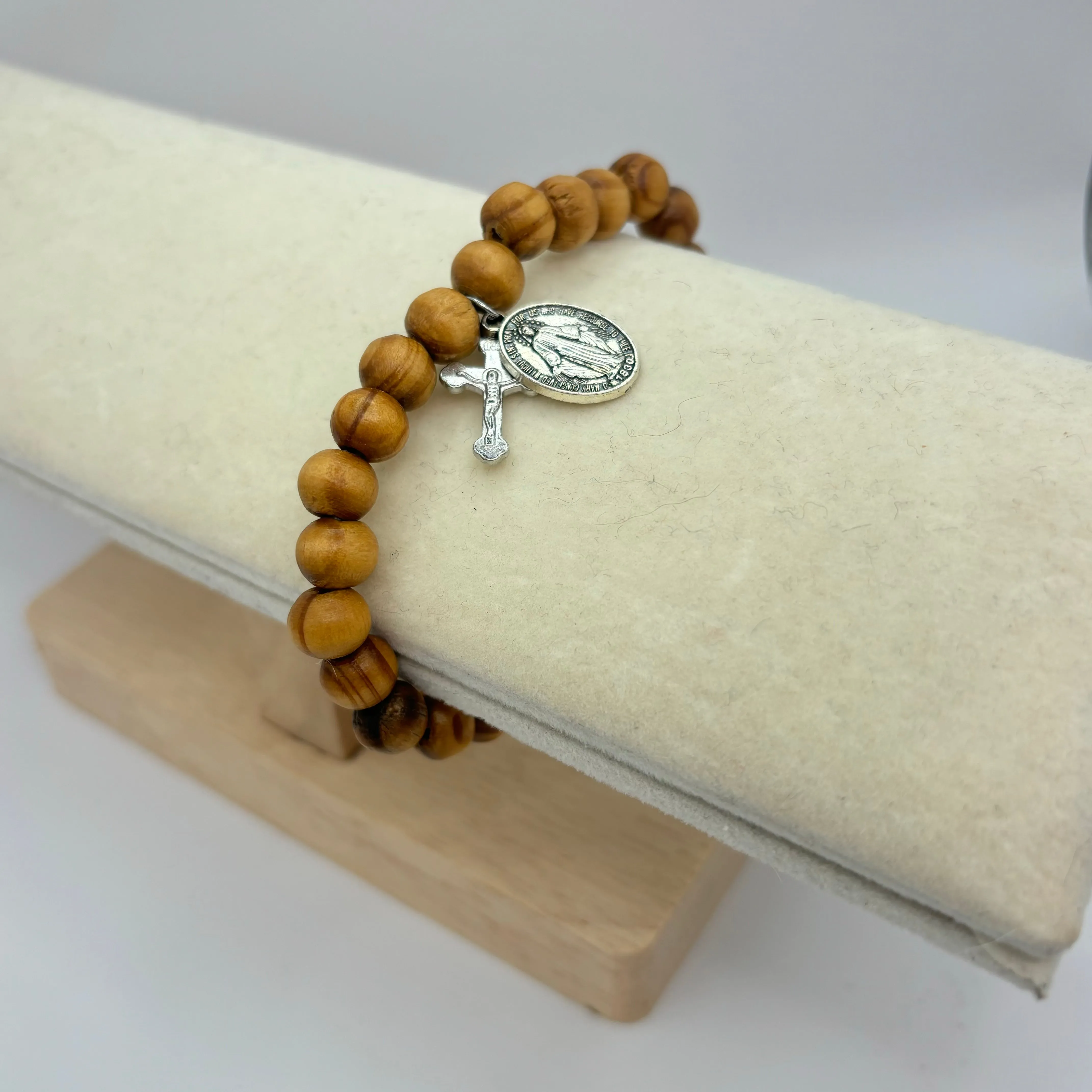 Religious Bracelets - Wooden Beaded Bracelet With Cross Charm