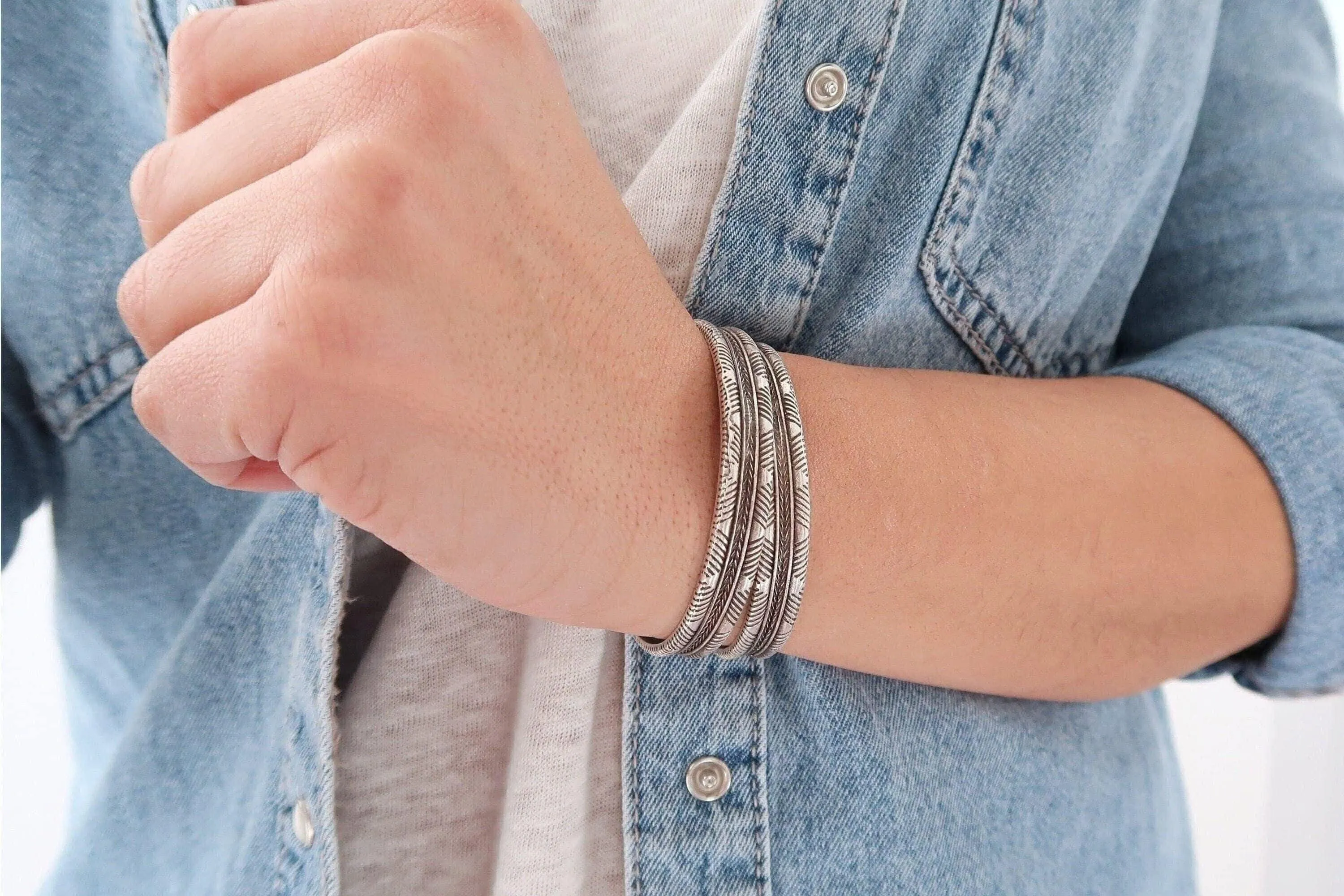 Silver Engraved Lines Cuff