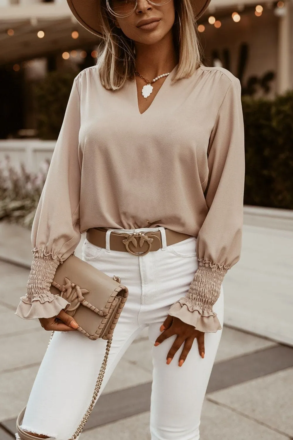 Simple Cuffs Embellished V-Neck Women Shirt