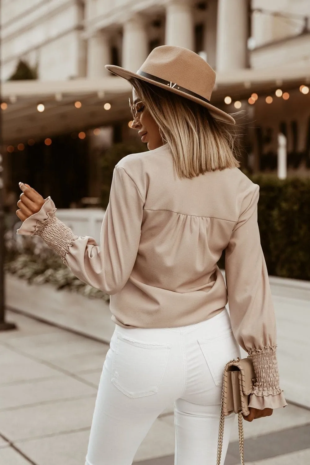 Simple Cuffs Embellished V-Neck Women Shirt