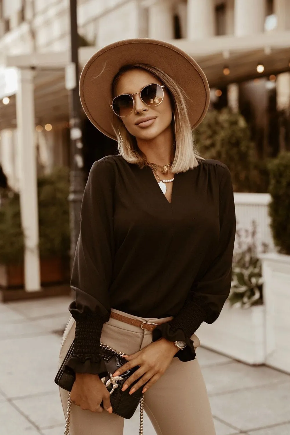 Simple Cuffs Embellished V-Neck Women Shirt