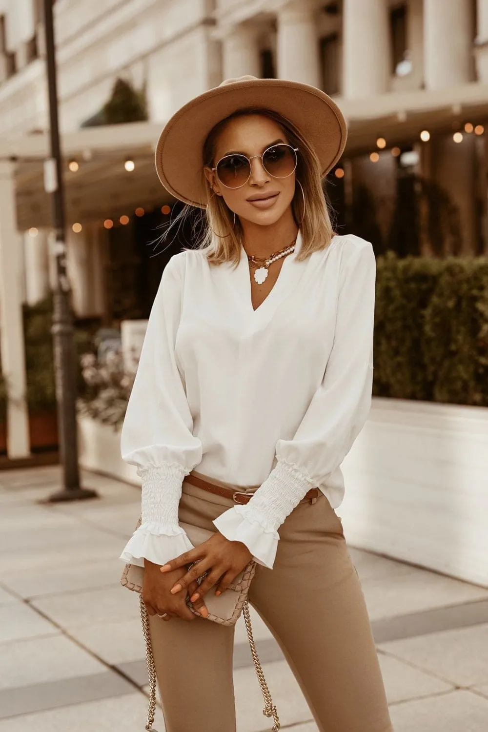 Simple Cuffs Embellished V-Neck Women Shirt
