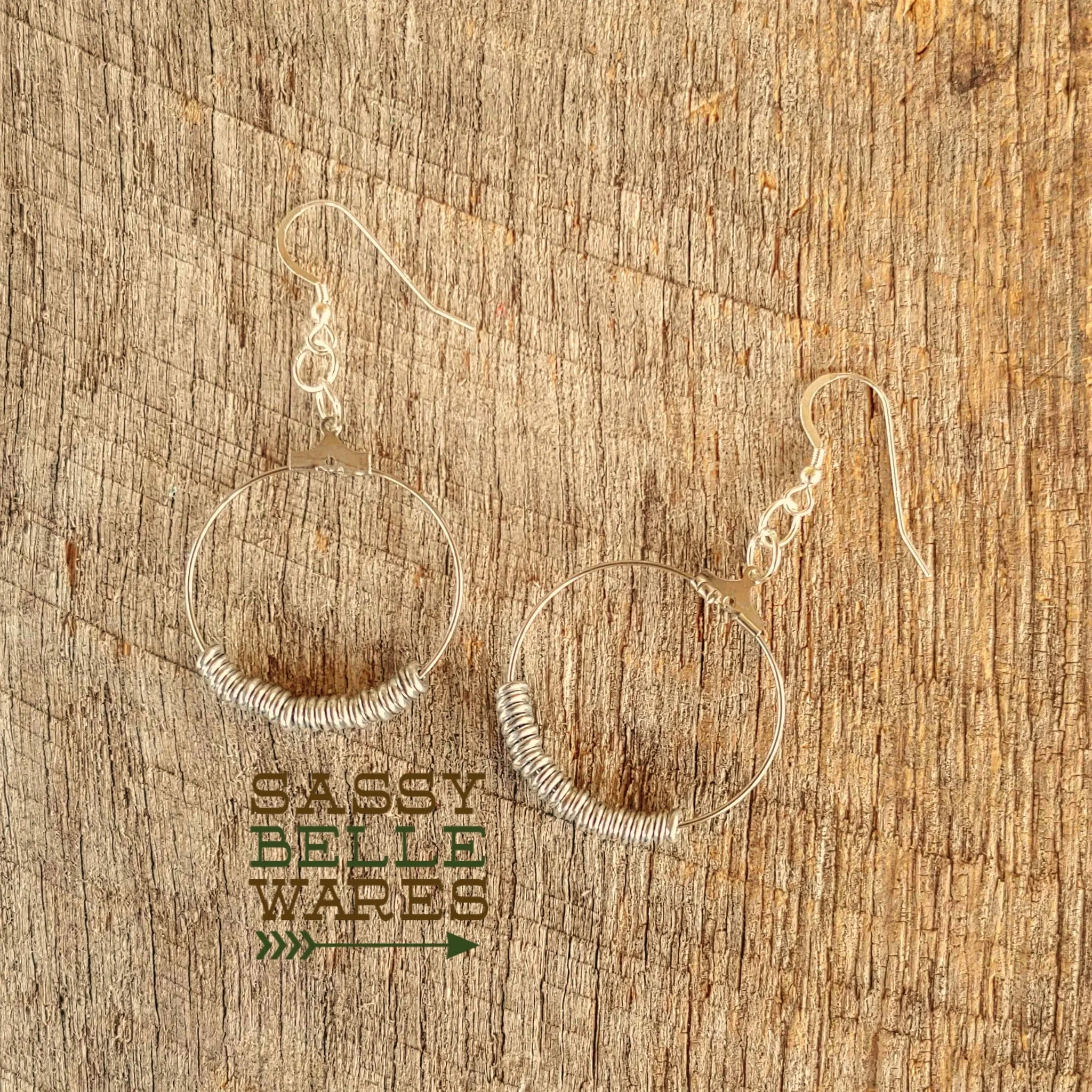 Small Beaded Hoop Earrings 1.25" Diameter Silver Beads