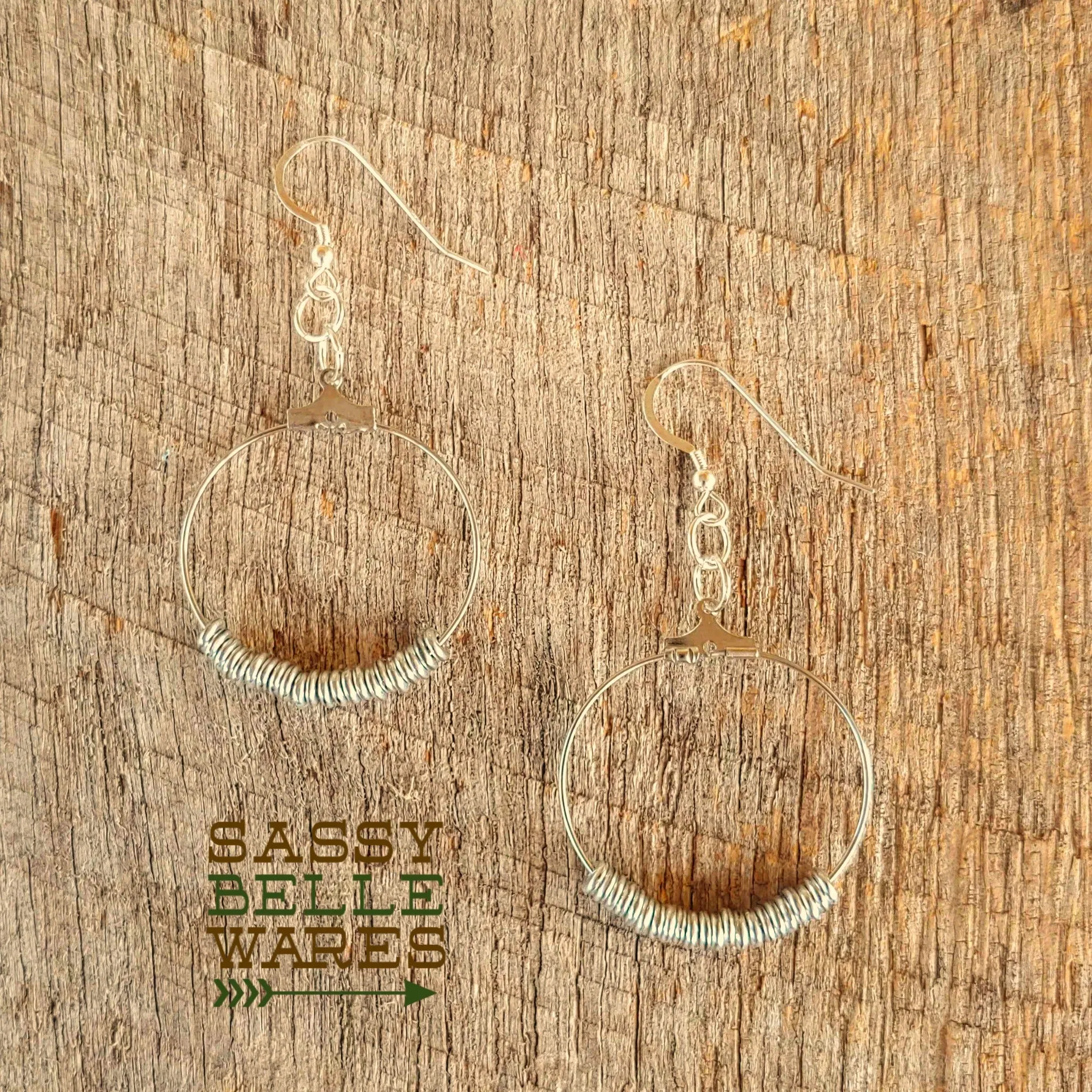 Small Beaded Hoop Earrings 1.25" Diameter Silver Beads