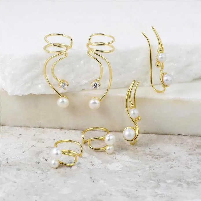 Spiral Wire Ear Cuff Cartilage with Freshwater Pearl in 14K Gold Plated Silver