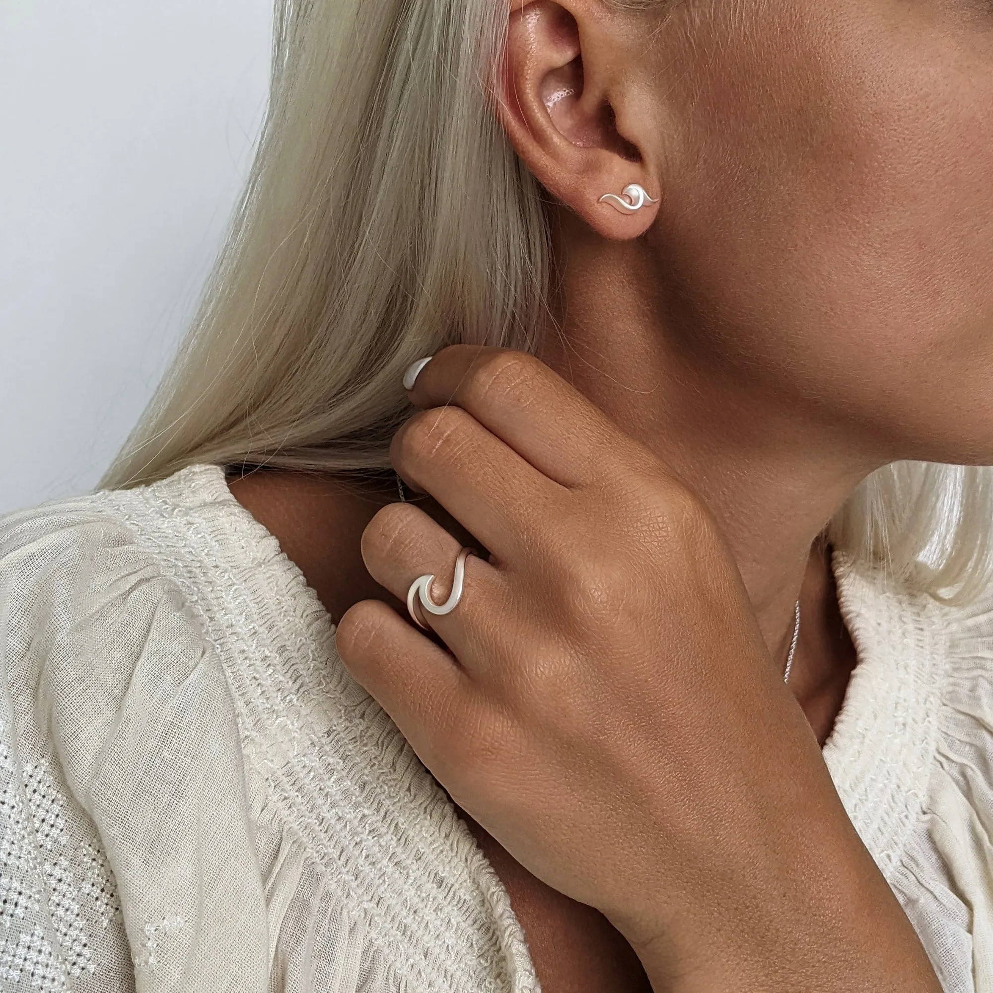 Sterling Silver Simple Sea Wave Stud Earrings Ocean Studs
