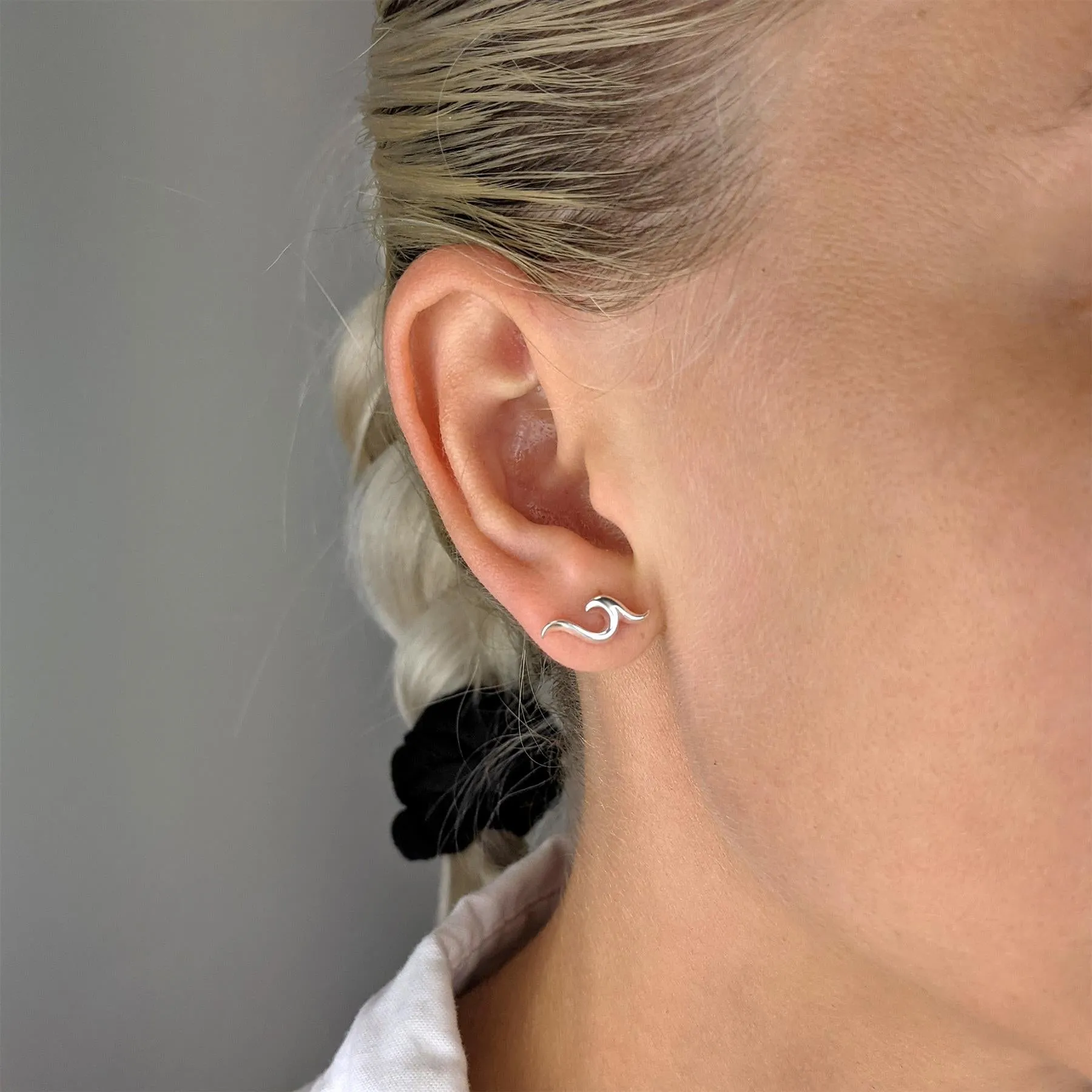 Sterling Silver Simple Sea Wave Stud Earrings Ocean Studs