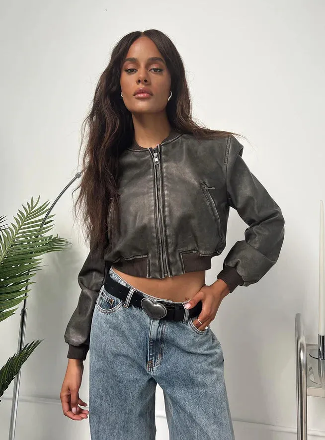 Stylish Women Charcoal Cropped Leather Jacket By TJS