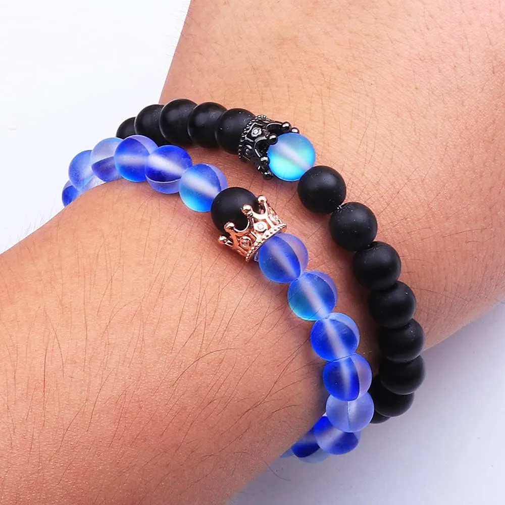 UEUC King&Queen Crown Distance Couple Bracelets His and Her Friendship 8mm Beads Bracelet