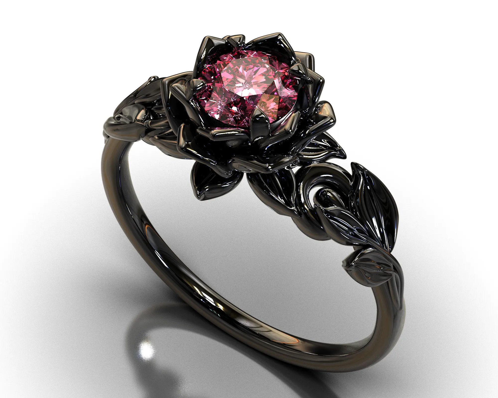 Unique Black Gold Pink Sapphire Flower Engagement Ring