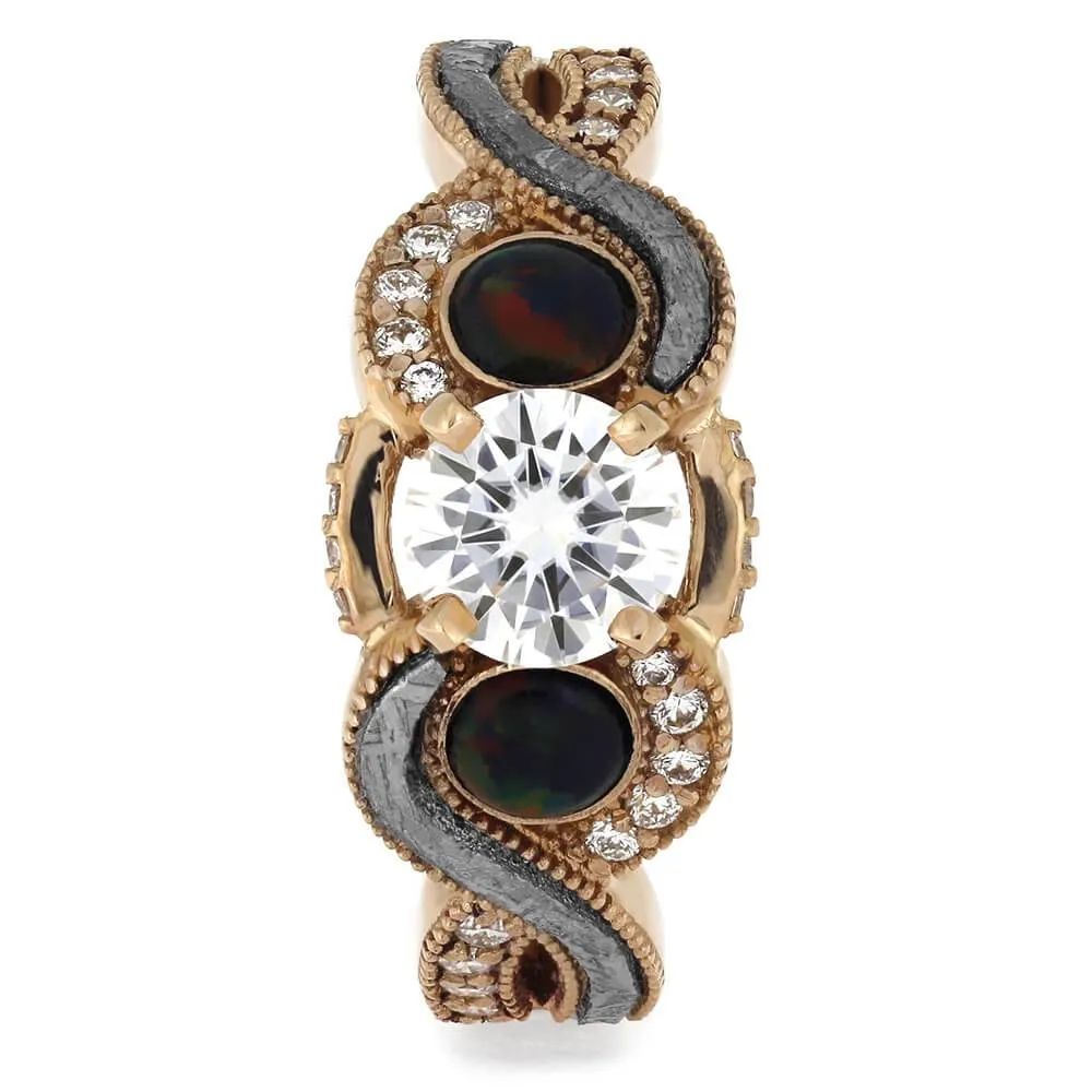 Unique Black Opal, Moissanite & Meteorite Engagement Ring