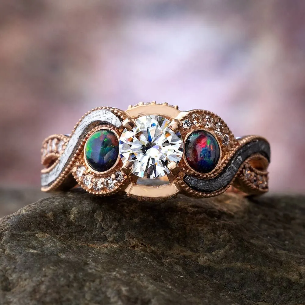 Unique Black Opal, Moissanite & Meteorite Engagement Ring