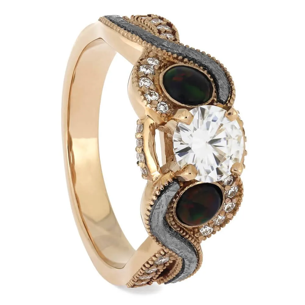 Unique Black Opal, Moissanite & Meteorite Engagement Ring