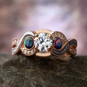 Unique Black Opal, Moissanite & Meteorite Engagement Ring
