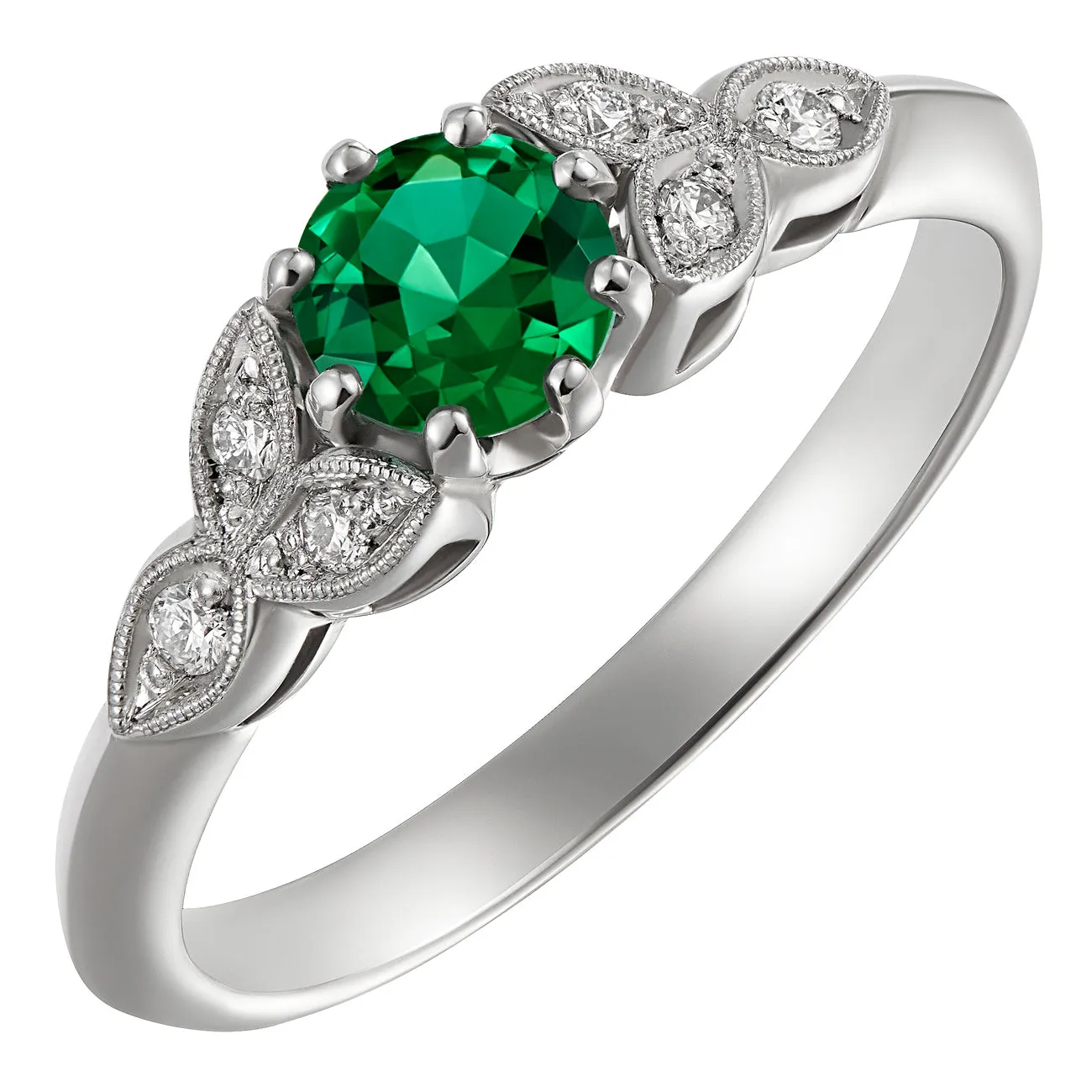Unique Emerald Engagement Ring with Diamond-set Floral Shoulders