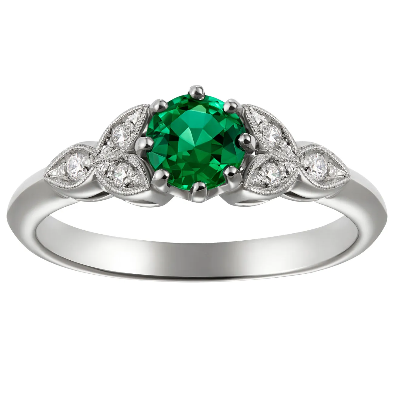 Unique Emerald Engagement Ring with Diamond-set Floral Shoulders
