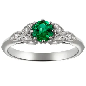 Unique Emerald Engagement Ring with Diamond-set Floral Shoulders