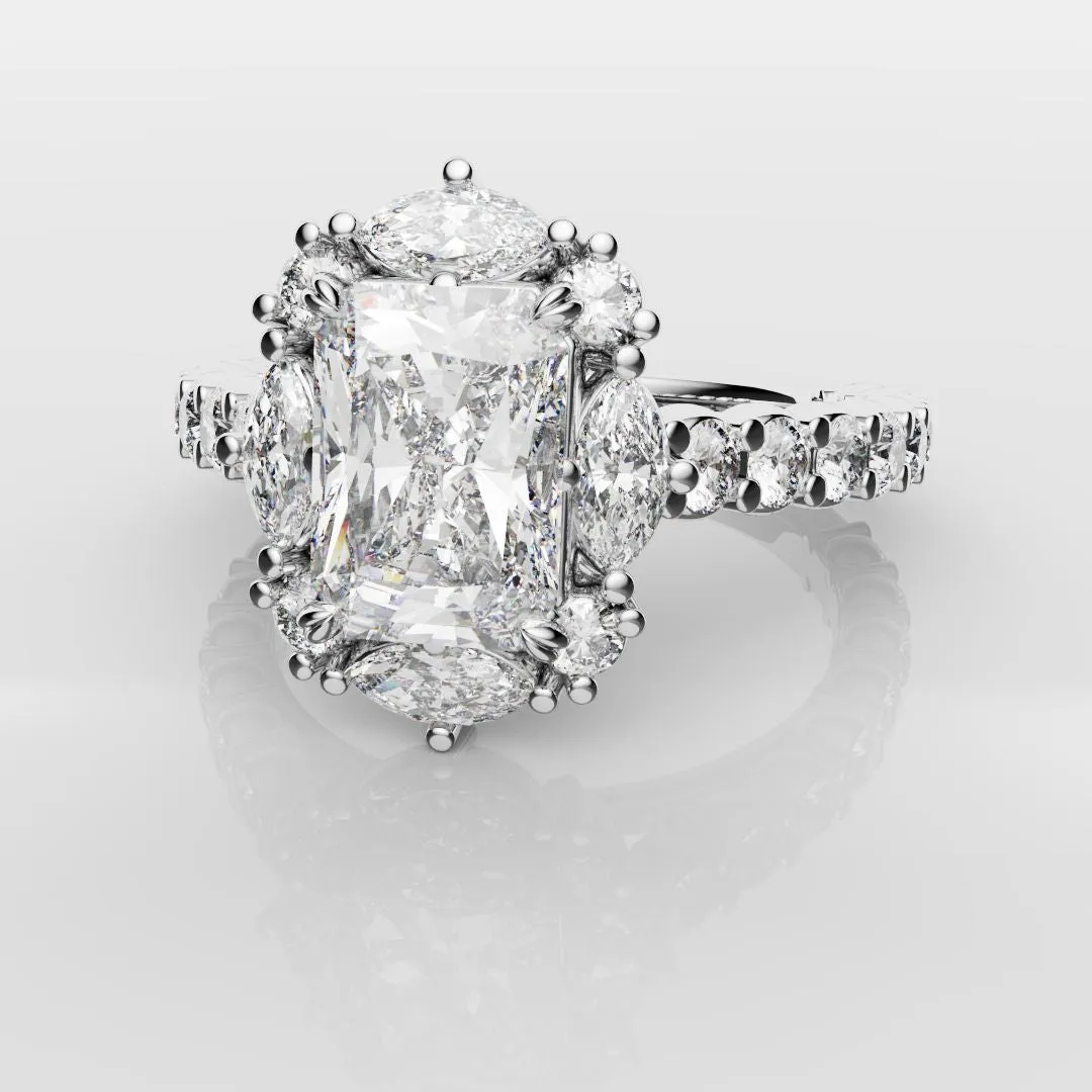 Unique Radiant Cut Diamond Engagement Ring with Marquise Halo