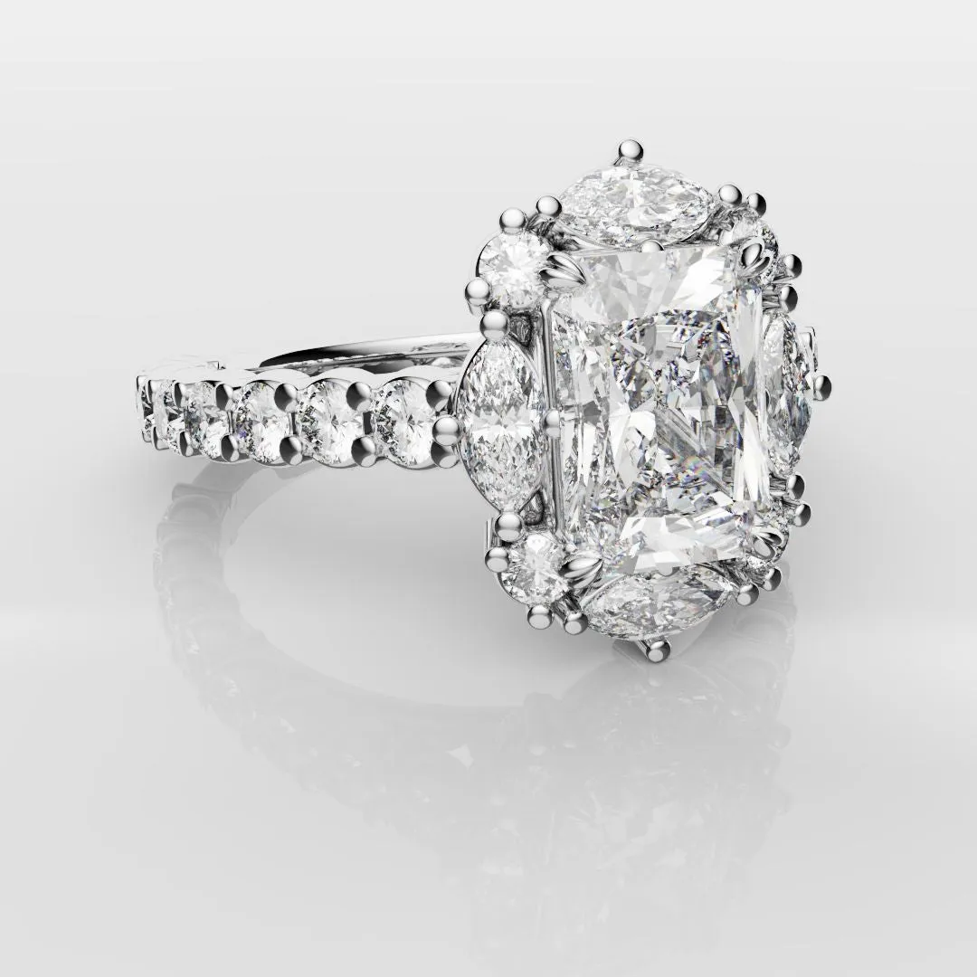 Unique Radiant Cut Diamond Engagement Ring with Marquise Halo