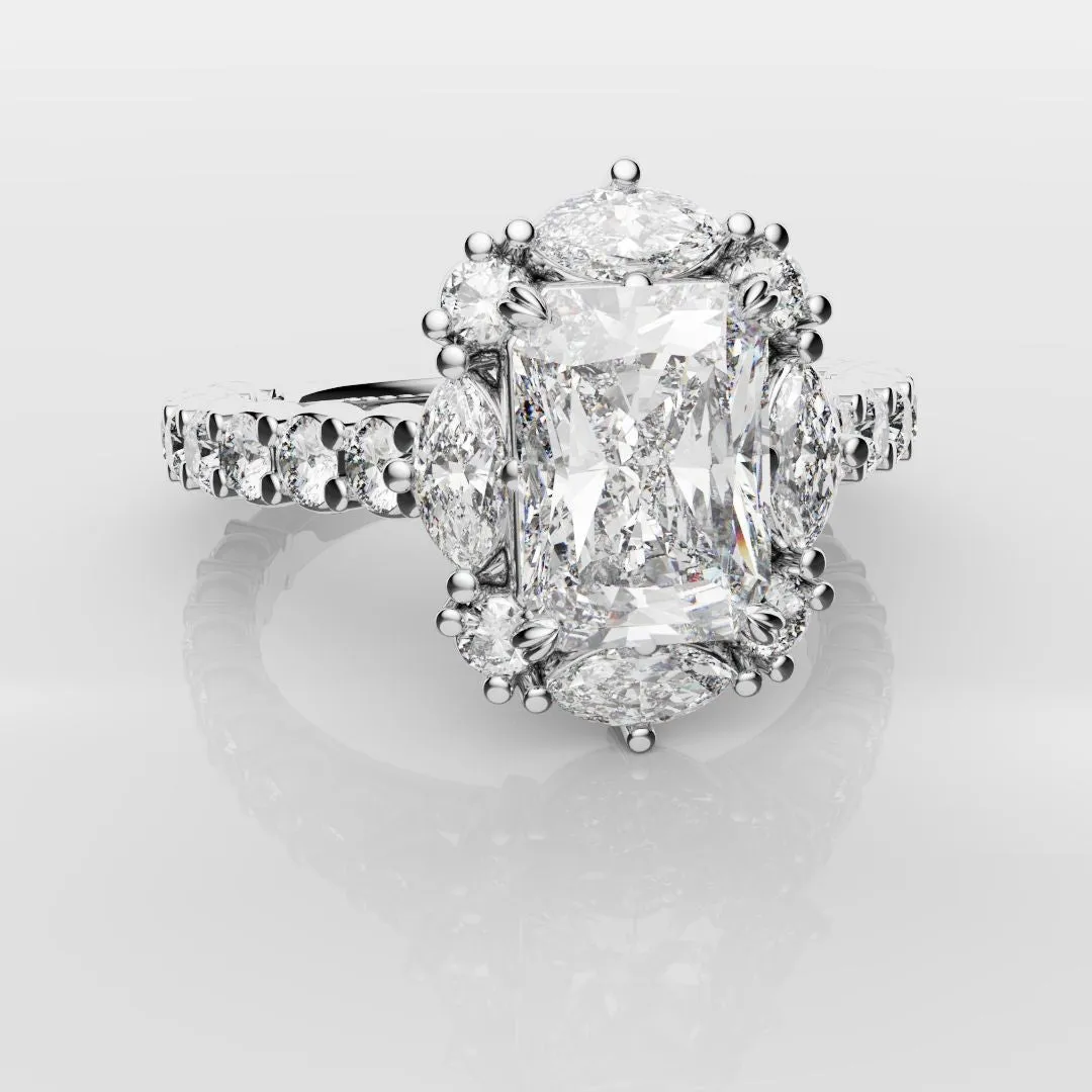Unique Radiant Cut Diamond Engagement Ring with Marquise Halo
