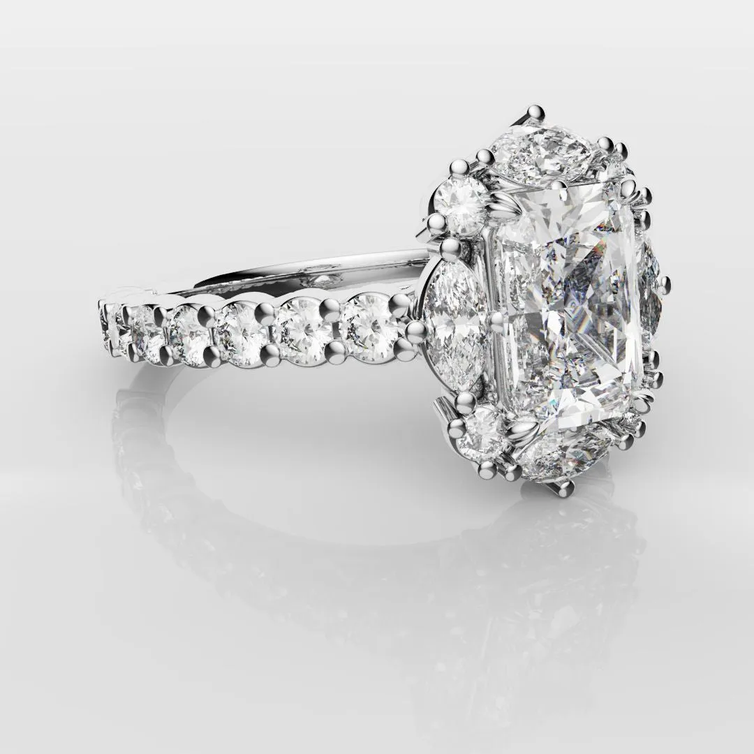 Unique Radiant Cut Diamond Engagement Ring with Marquise Halo