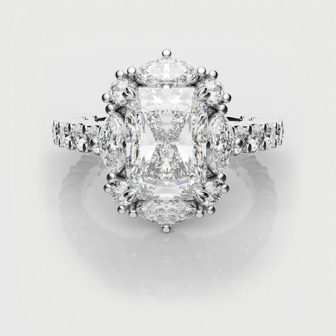 Unique Radiant Cut Diamond Engagement Ring with Marquise Halo