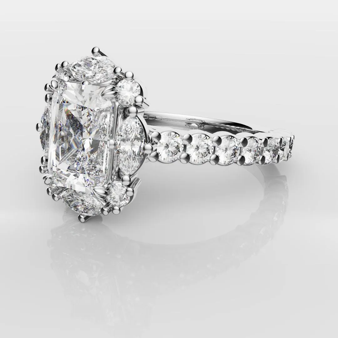 Unique Radiant Cut Diamond Engagement Ring with Marquise Halo