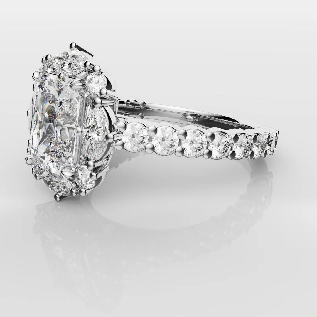 Unique Radiant Cut Diamond Engagement Ring with Marquise Halo