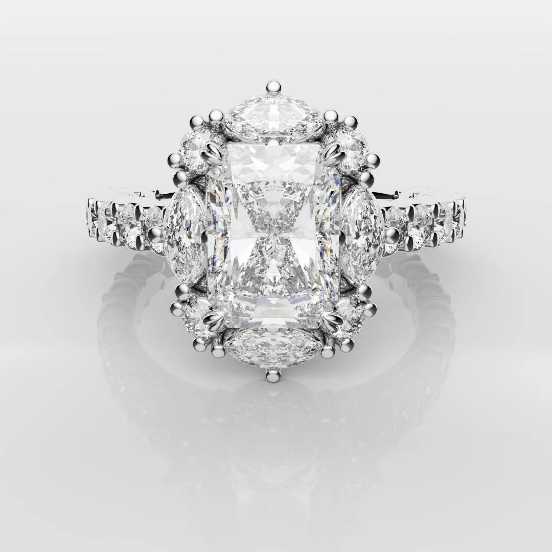 Unique Radiant Cut Diamond Engagement Ring with Marquise Halo