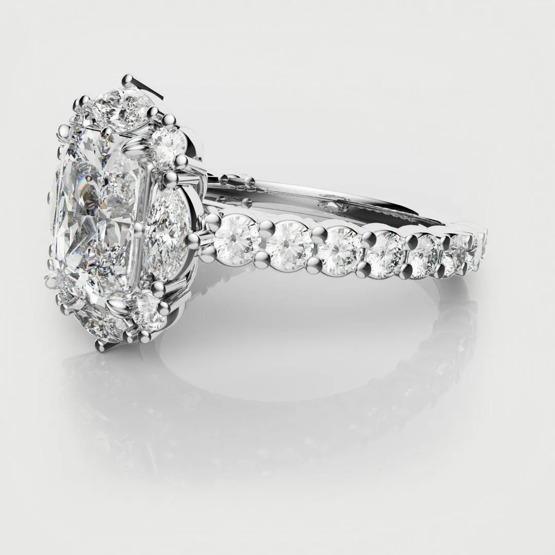 Unique Radiant Cut Diamond Engagement Ring with Marquise Halo
