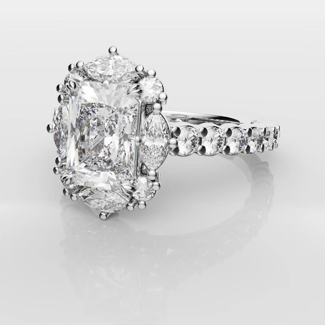 Unique Radiant Cut Diamond Engagement Ring with Marquise Halo