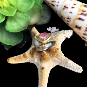 Watermelon Turmaline Silver and Gold Ring