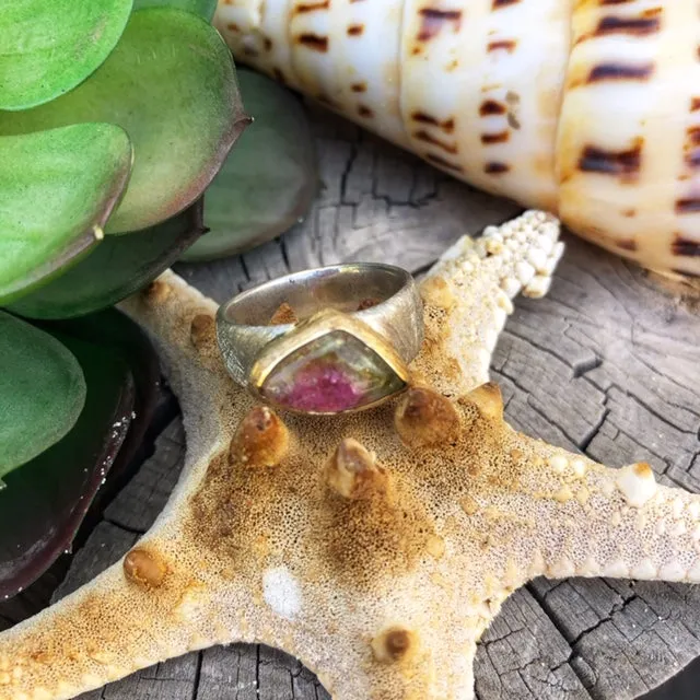 Watermelon Turmaline Silver and Gold Ring