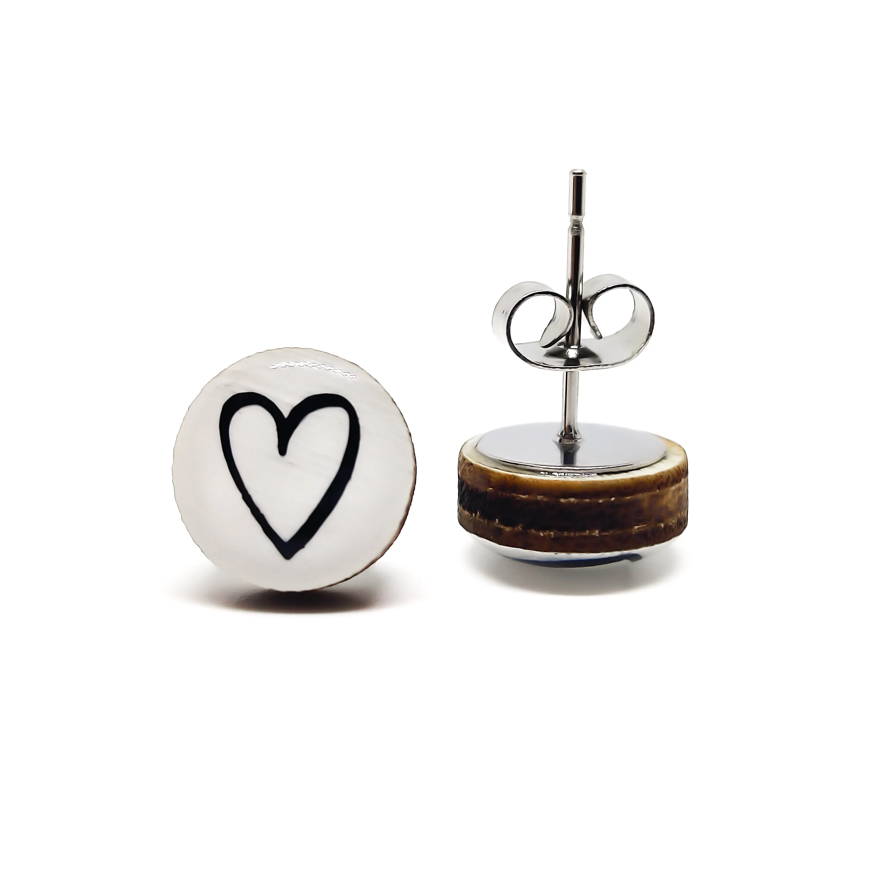 White & Black Hand Drawn Heart Stud Earrings by Candi Cove Designs