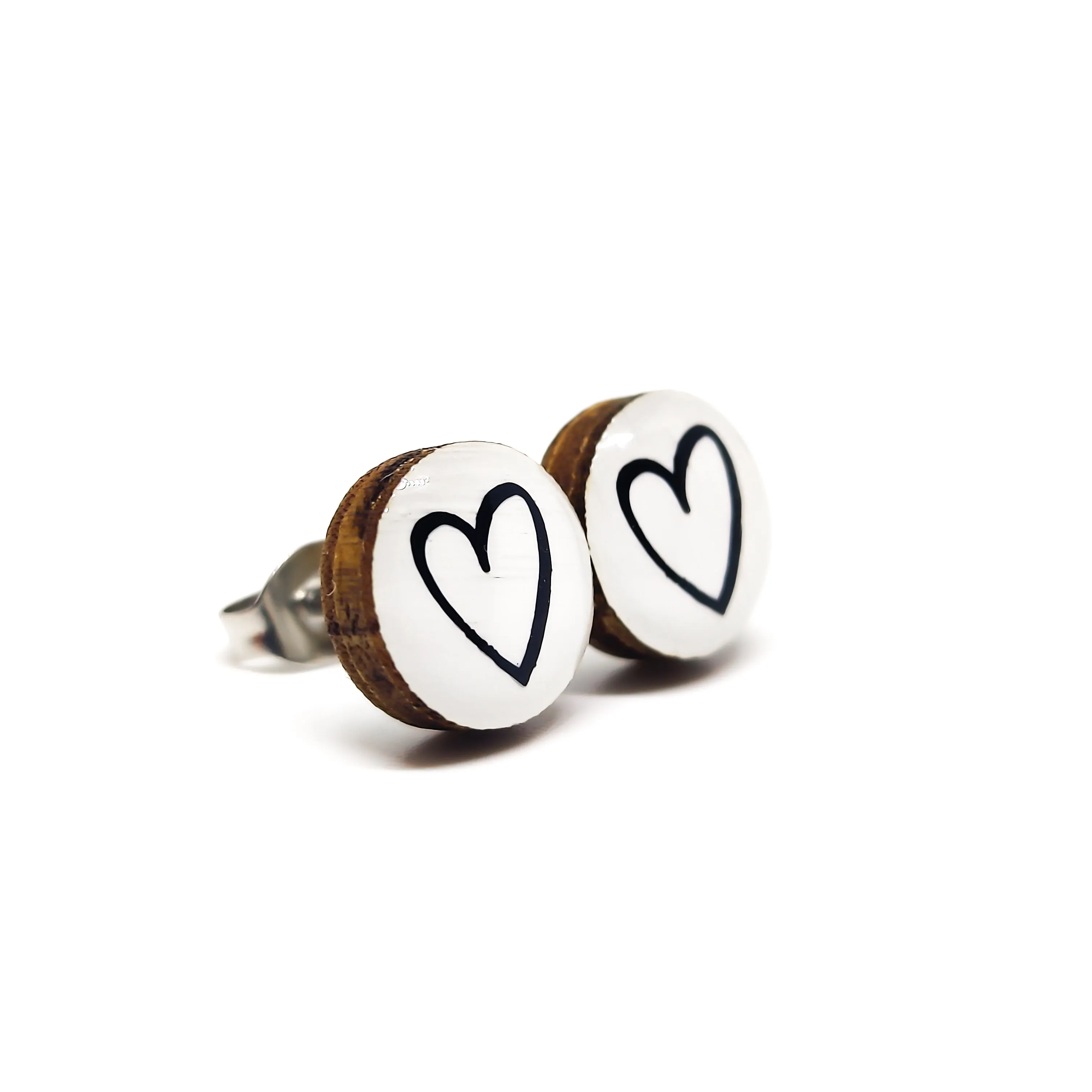 White & Black Hand Drawn Heart Stud Earrings by Candi Cove Designs