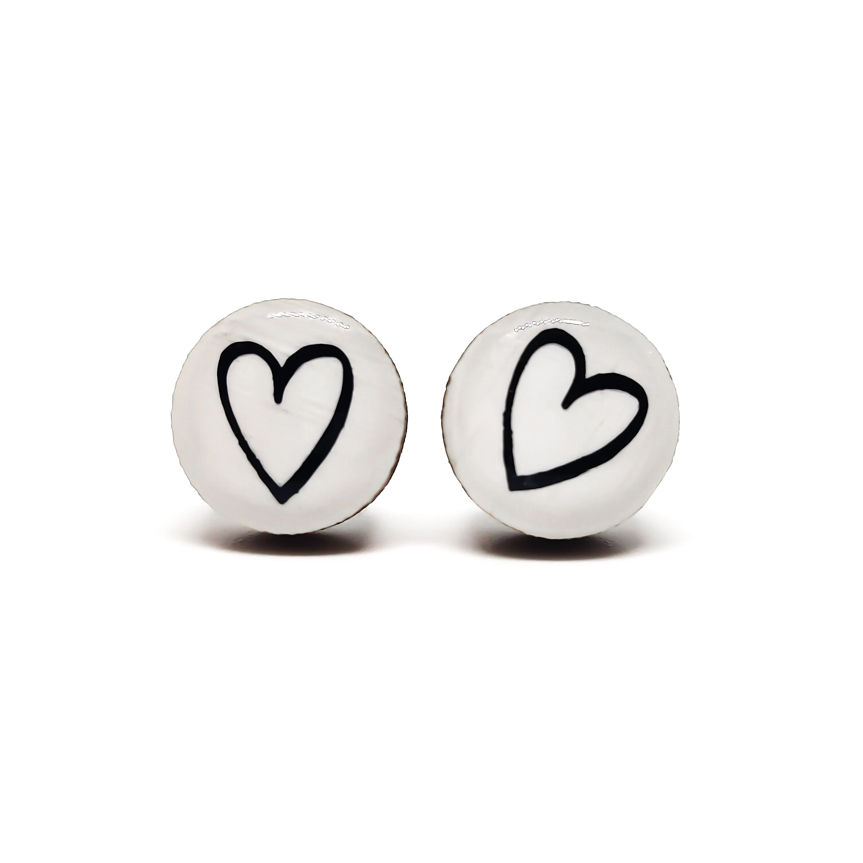 White & Black Hand Drawn Heart Stud Earrings by Candi Cove Designs