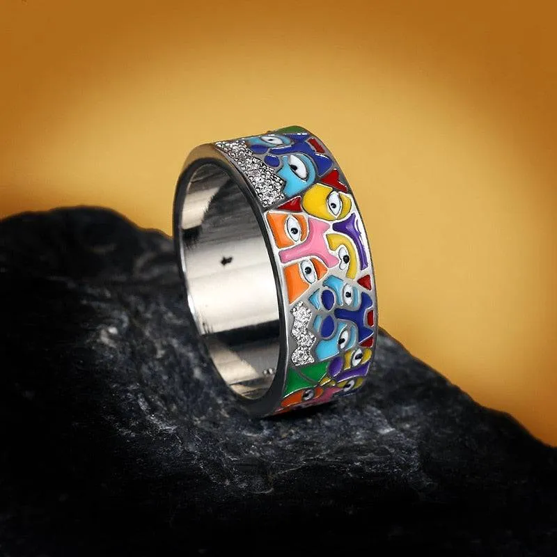 White CZ Handmade Enamel Lovely Cat Unique Trendy Ring For Women
