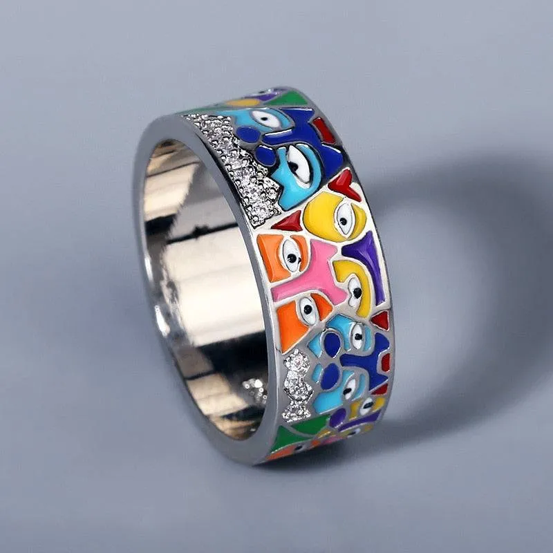 White CZ Handmade Enamel Lovely Cat Unique Trendy Ring For Women