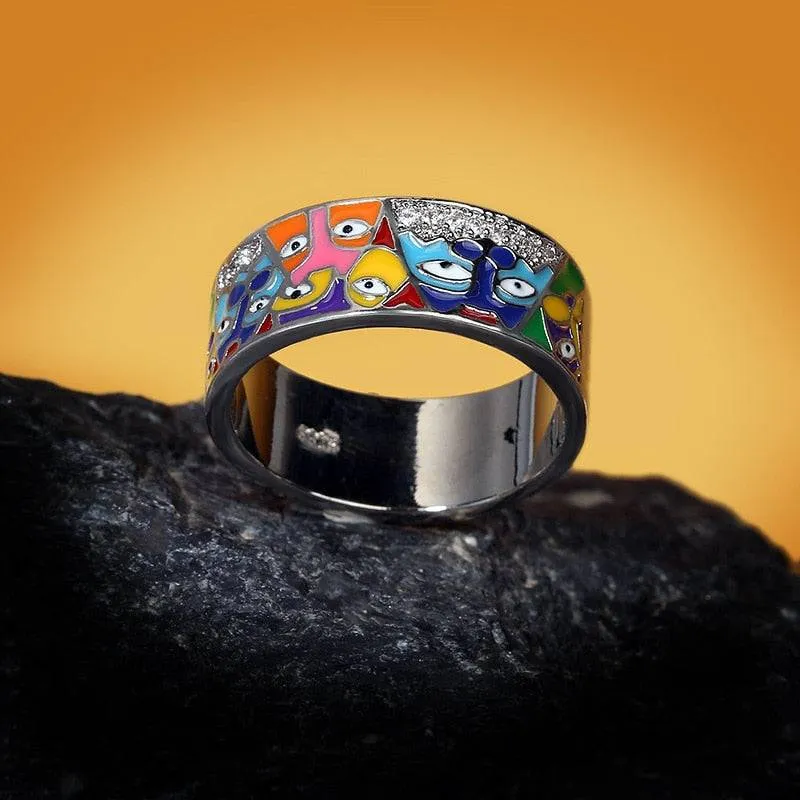 White CZ Handmade Enamel Lovely Cat Unique Trendy Ring For Women