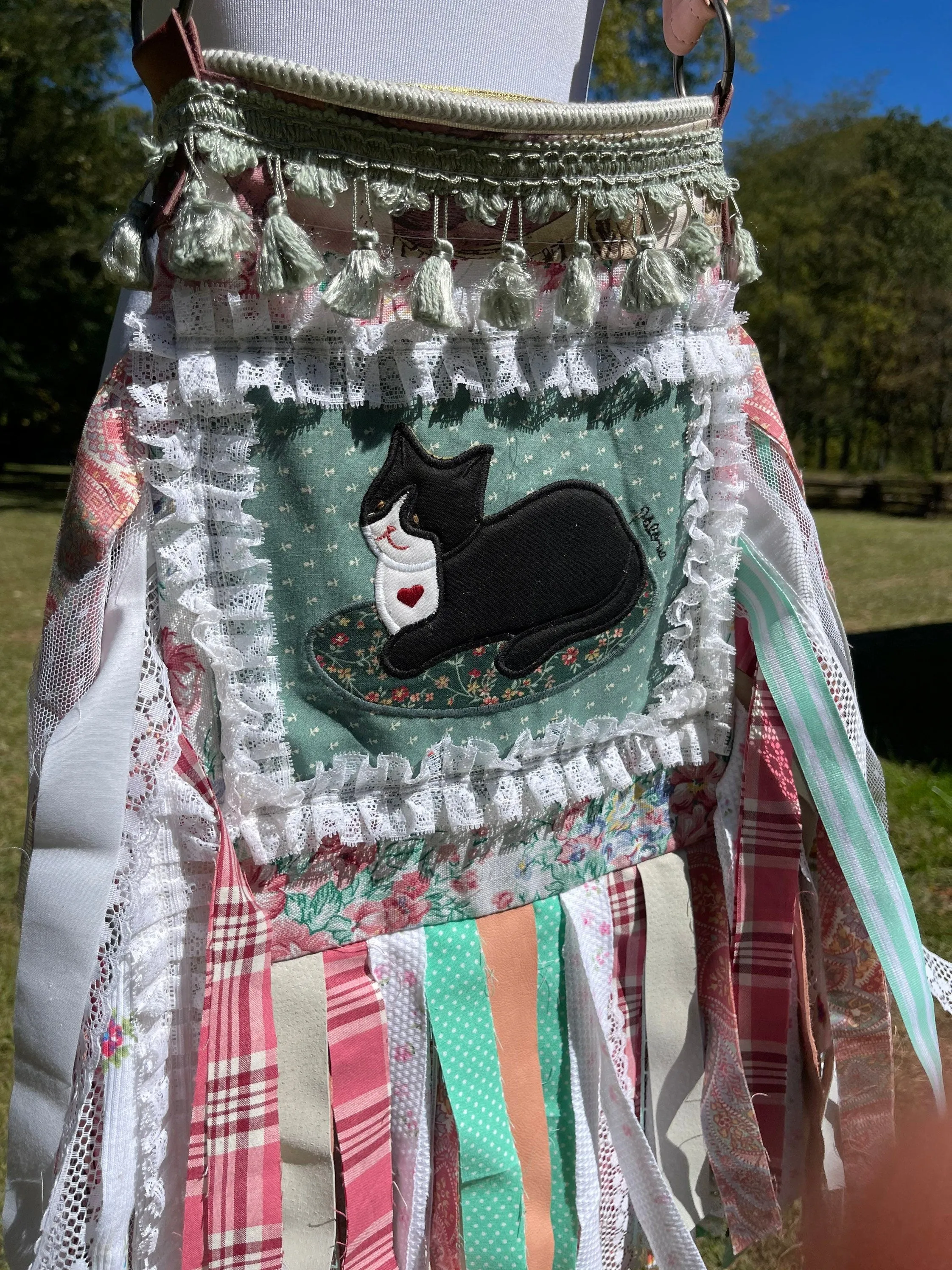 White Lace Fringe Purse with Cats, Pastel Boho Chic Embellished purse