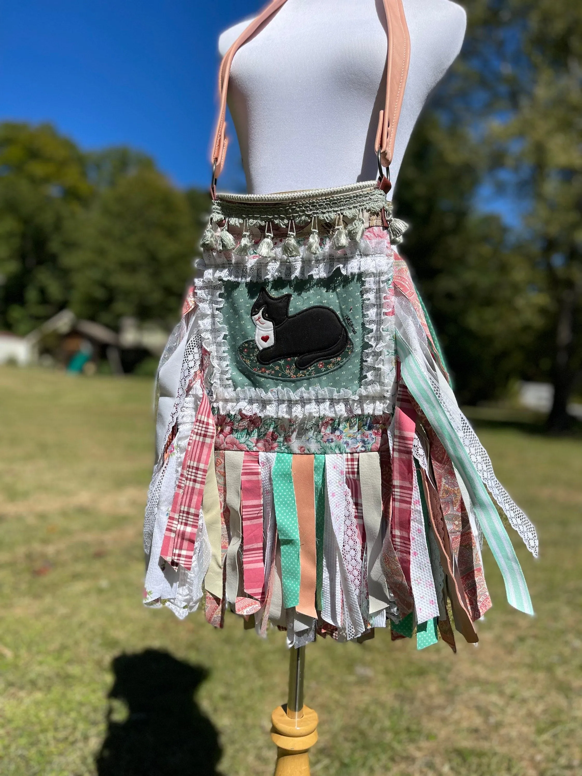 White Lace Fringe Purse with Cats, Pastel Boho Chic Embellished purse