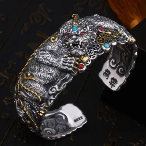Wholesale Pixiu Wide Version Hand-Carved Rich Opening Metal Bracelet