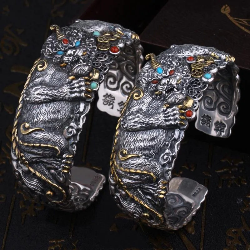 Wholesale Pixiu Wide Version Hand-Carved Rich Opening Metal Bracelet