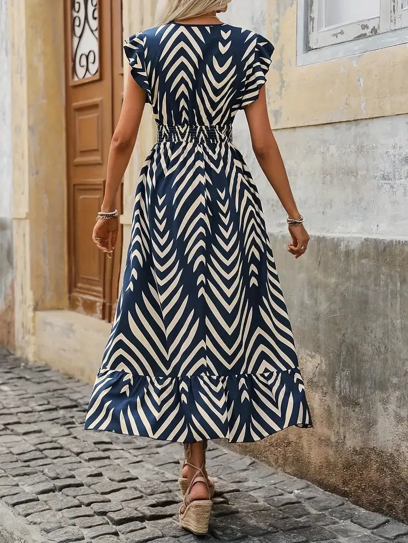 Women's Wrap Dress - V-Neck - Short Ruffled Sleeves - Elastic Waist - High-Low Hem
