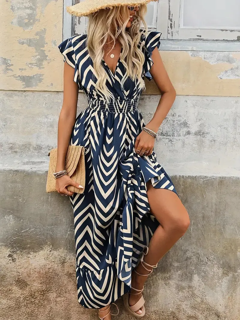 Women's Wrap Dress - V-Neck - Short Ruffled Sleeves - Elastic Waist - High-Low Hem